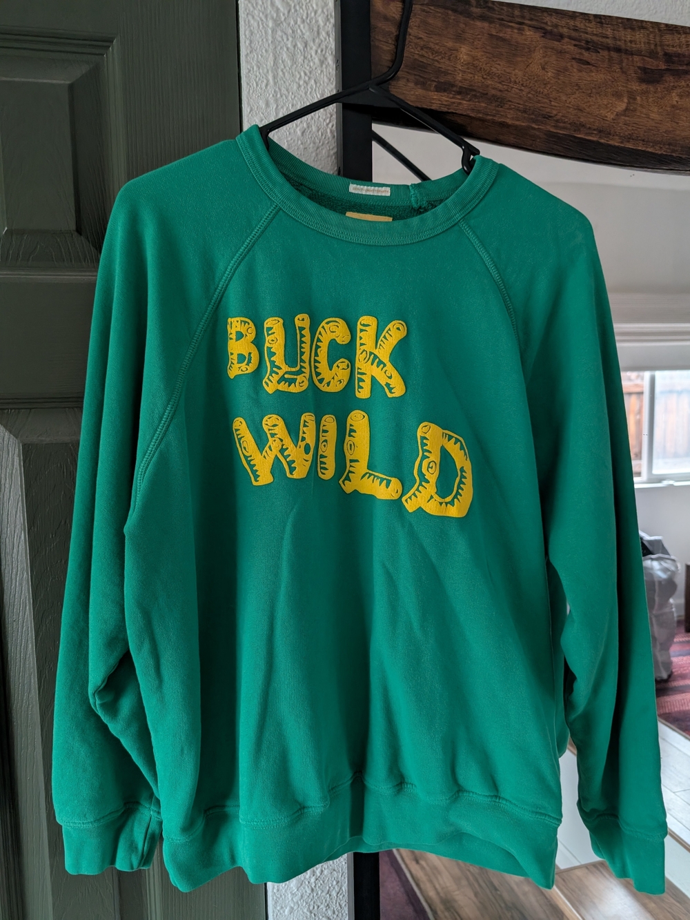 MOTHER Green Crewneck Sweatshirt with Yellow 'Buck Wild' Graphic